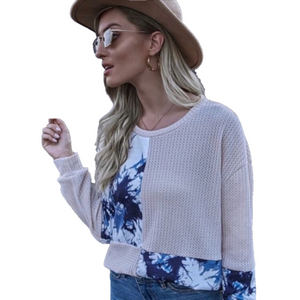 NWT Boutique Tie Dye Patchwork Crew Neck Waffle Knit Super Comfy Boho Top